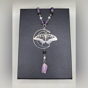 🦋🌜Amethyst Golden Obsidian Clear Quartz Moth Moon Necklace